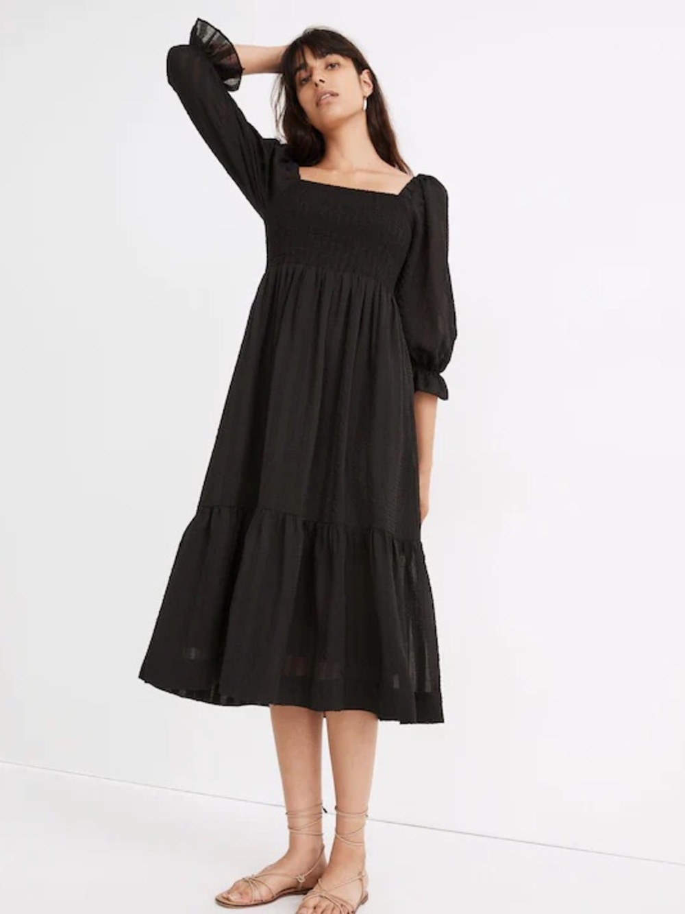 Madewell Black Smocked Square-Neck Midi Dress